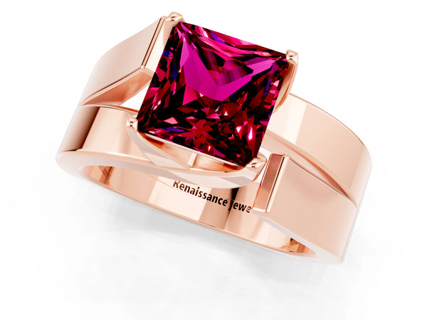 Rose gold Modern Tension Set Princess Cut Garnet Solitaire Wide Band Ring