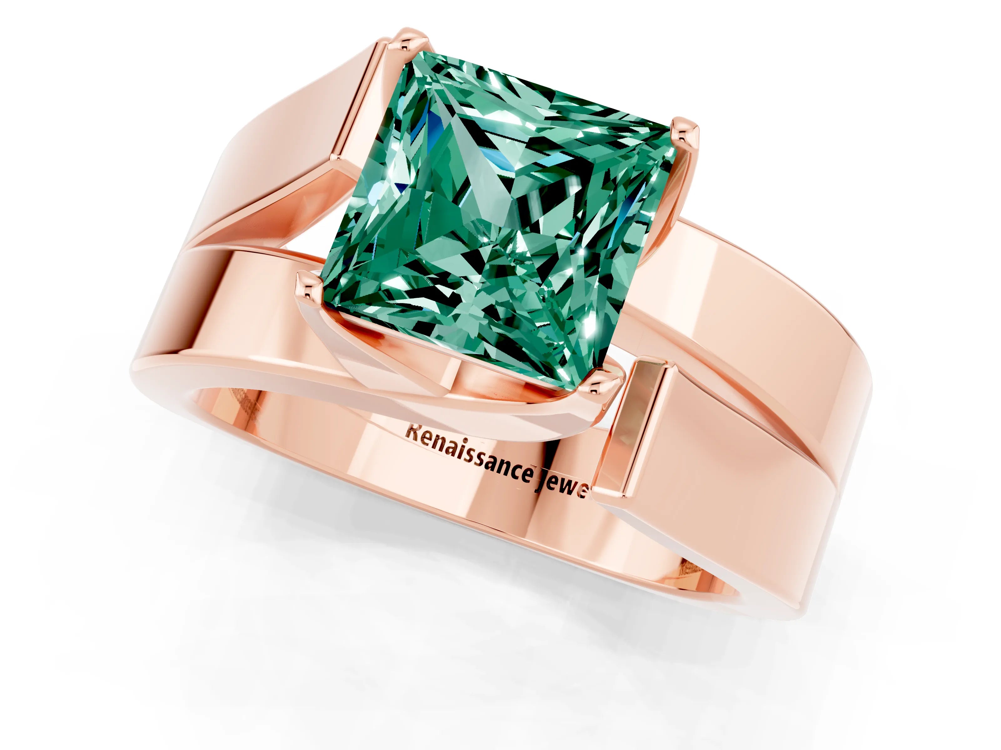 Rose gold Modern Tension Set Princess Cut Green Sapphire Solitaire Wide Band Ring_1
