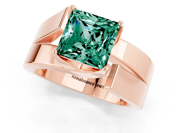 Rose gold Modern Tension Set Princess Cut Green Sapphire Solitaire Wide Band Ring