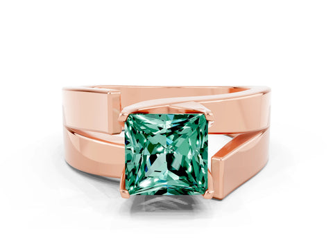 Rose gold Modern Tension Set Princess Cut Green Sapphire Solitaire Wide Band Ring