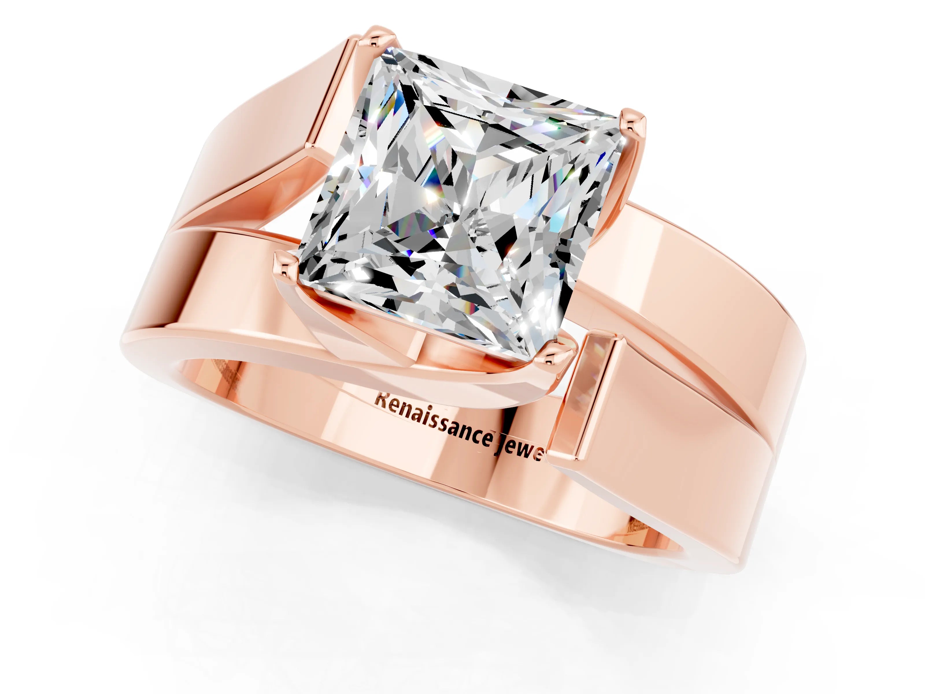 Rose gold Modern Tension Set Princess Cut Moissanite Solitaire Wide Band Ring_1