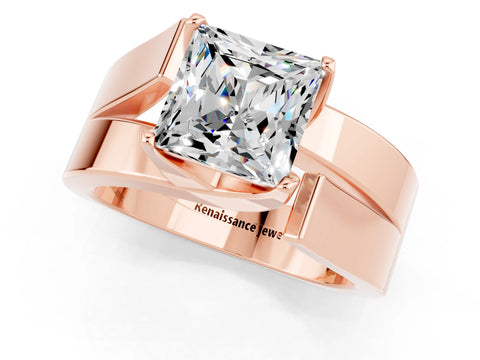Rose gold Modern Tension Set Princess Cut Moissanite Solitaire Wide Band Ring_1