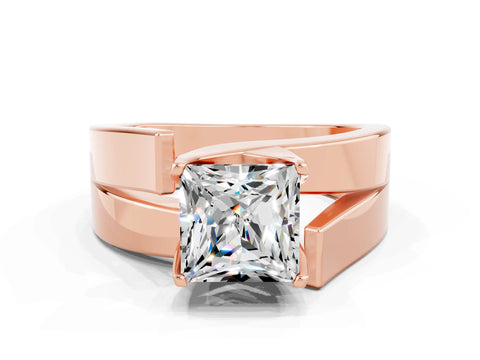 Rose gold Modern Tension Set Princess Cut Moissanite Solitaire Wide Band Ring