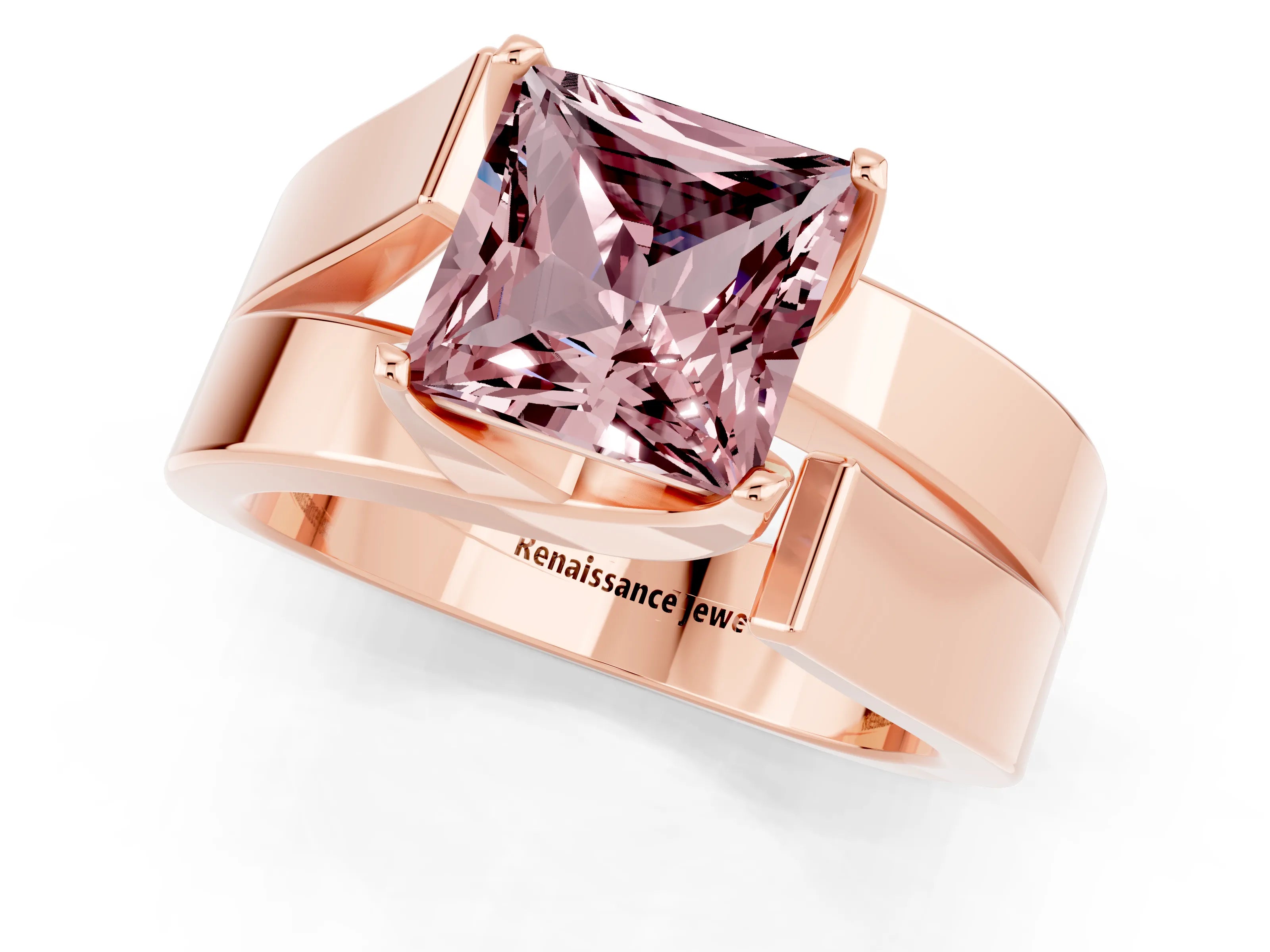 Rose gold Modern Tension Set Princess Cut Morganite Solitaire Wide Band Ring_1