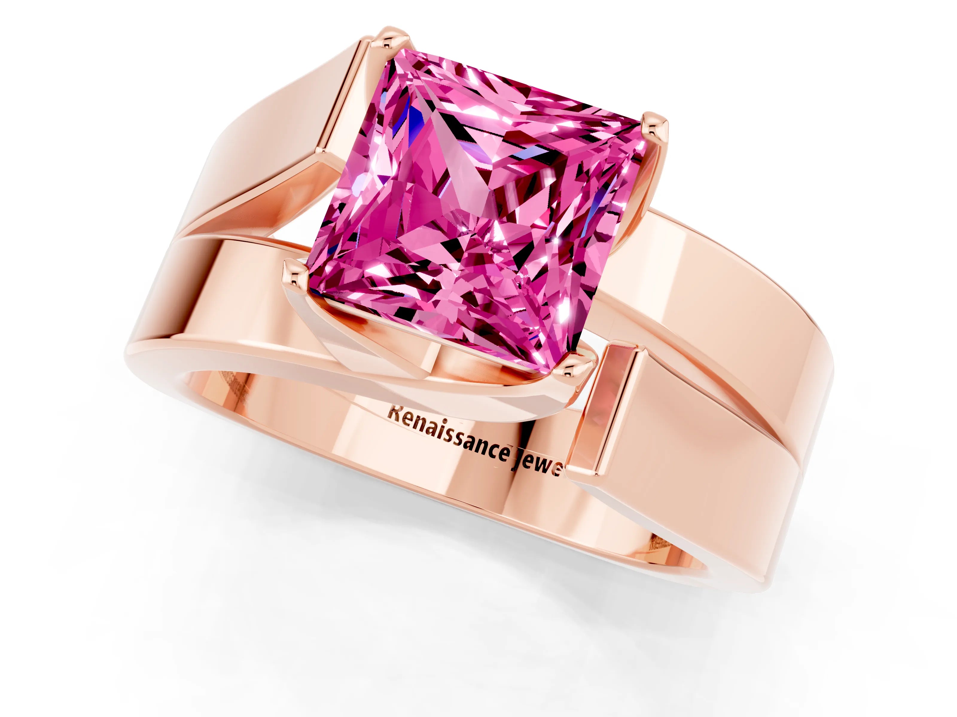 Rose gold Modern Tension Set Princess Cut Pink Sapphire Solitaire Wide Band Ring_13