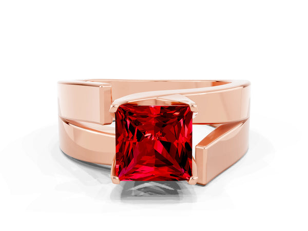 Rose gold Modern Tension Set Princess Cut Ruby Solitaire Wide Band Ring