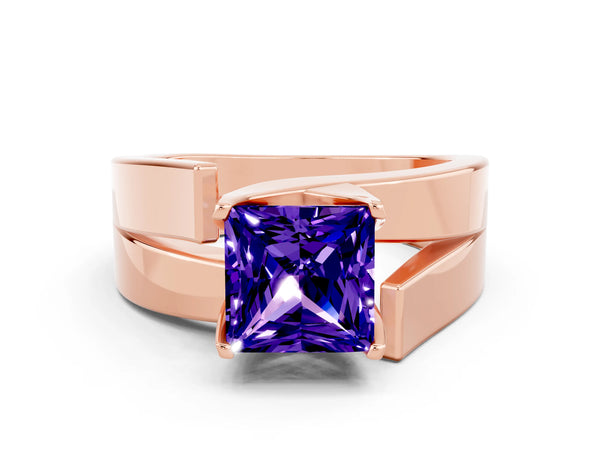 Rose gold Modern Tension Set Princess Cut Tanzanite Solitaire Wide Band Ring