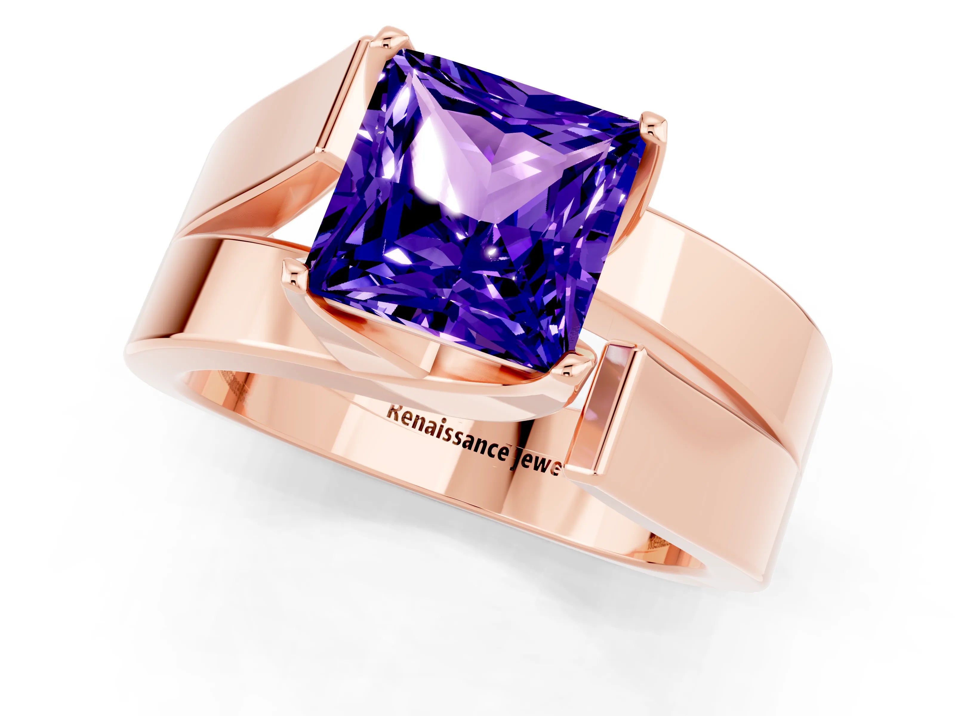 Rose gold Modern Tension Set Princess Cut Tanzanite Solitaire Wide Band Ring_1