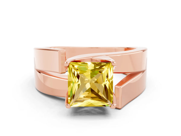 Rose gold Modern Tension Set Princess Cut Yellow Sapphire Solitaire Wide Band Ring