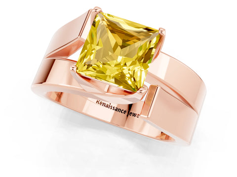 Rose gold Modern Tension Set Princess Cut Yellow Sapphire Solitaire Wide Band Ring_13