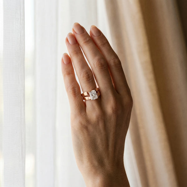 Rose gold Modern Tension Set Radiant Cut Diamond Solitaire Wide Band Ring
