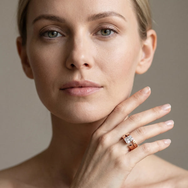 Rose gold Modern Tension Set Radiant Cut Diamond Solitaire Wide Band Ring
