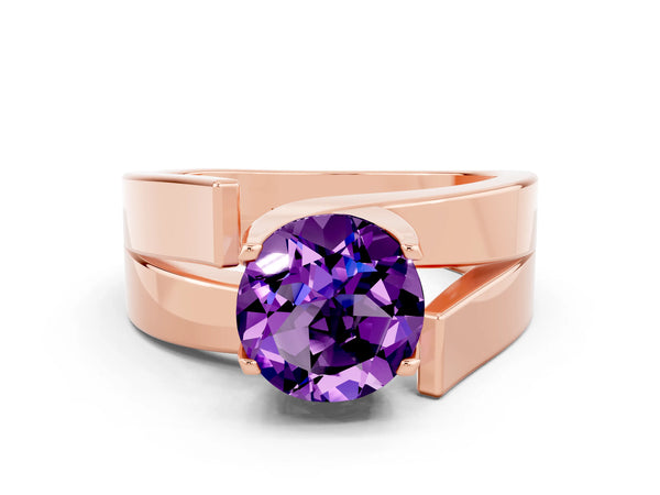 Rose gold Modern Tension Set Round Cut Amethyst Solitaire Wide Band Ring