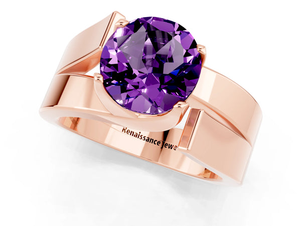 Rose gold Modern Tension Set Round Cut Amethyst Solitaire Wide Band Ring