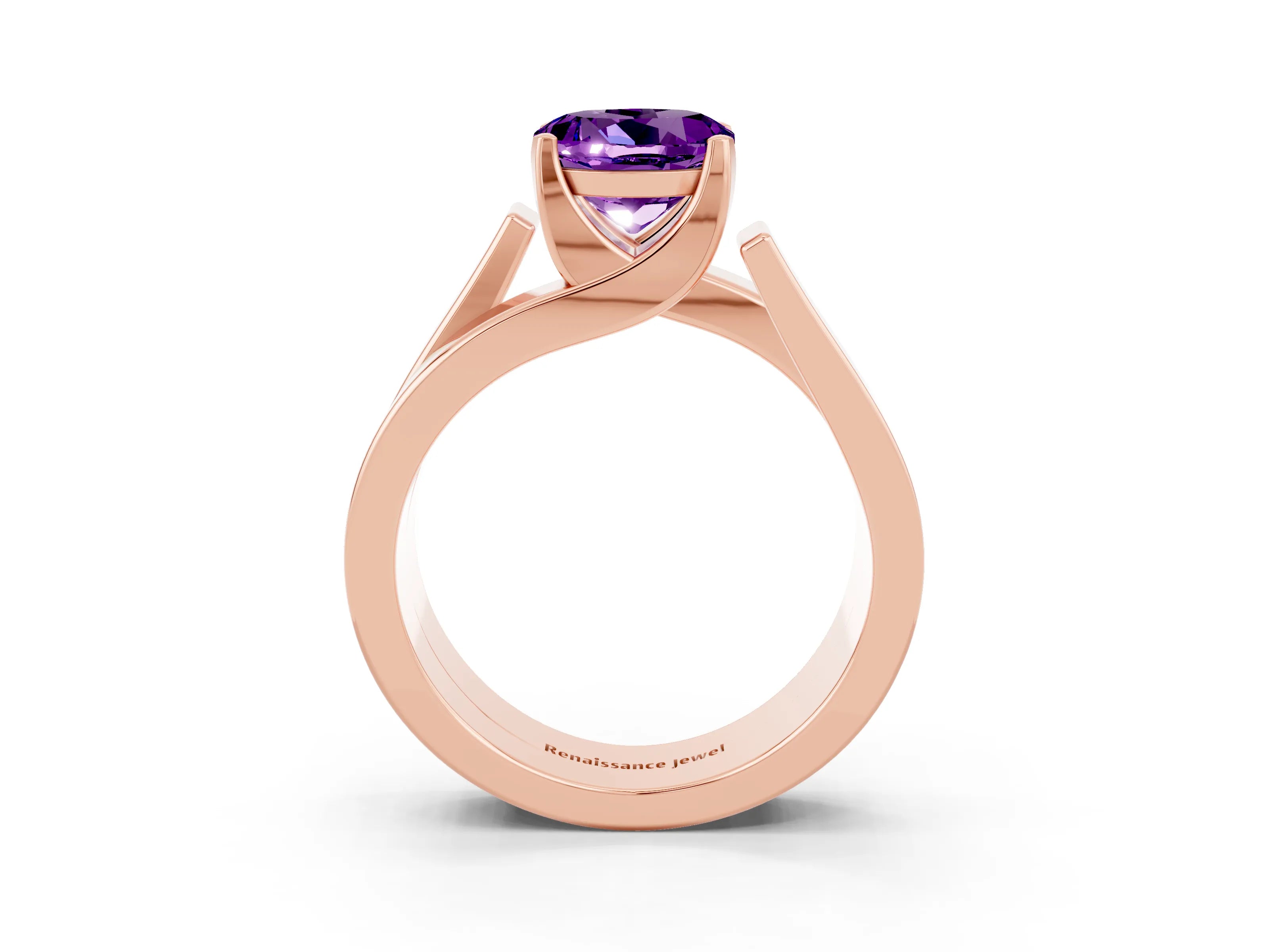 Rose gold Modern Tension Set Round Cut Amethyst Solitaire Wide Band Ring_3