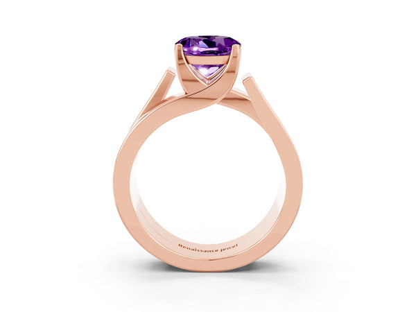 Rose gold Modern Tension Set Round Cut Amethyst Solitaire Wide Band Ring