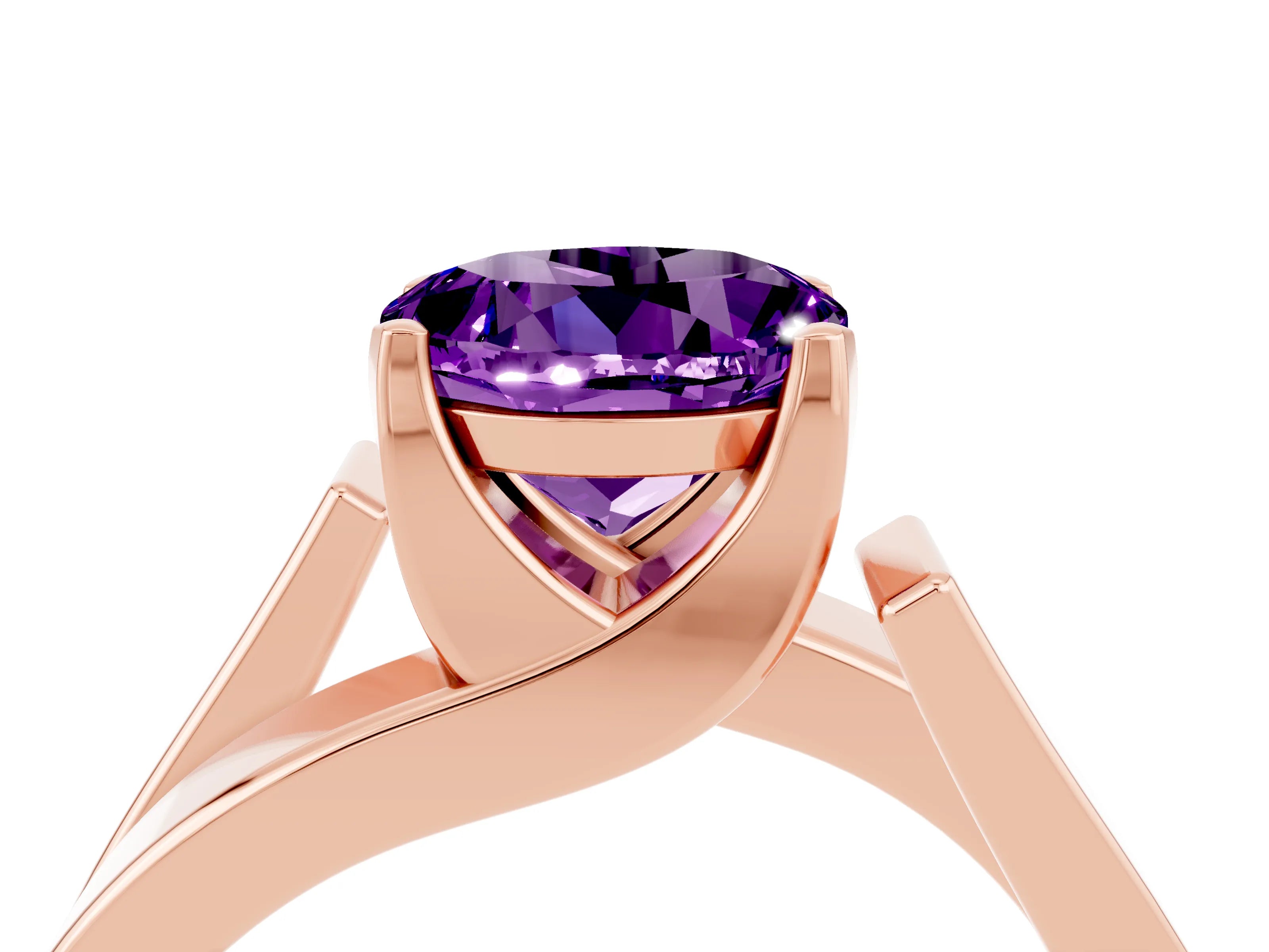 Rose gold Modern Tension Set Round Cut Amethyst Solitaire Wide Band Ring_4