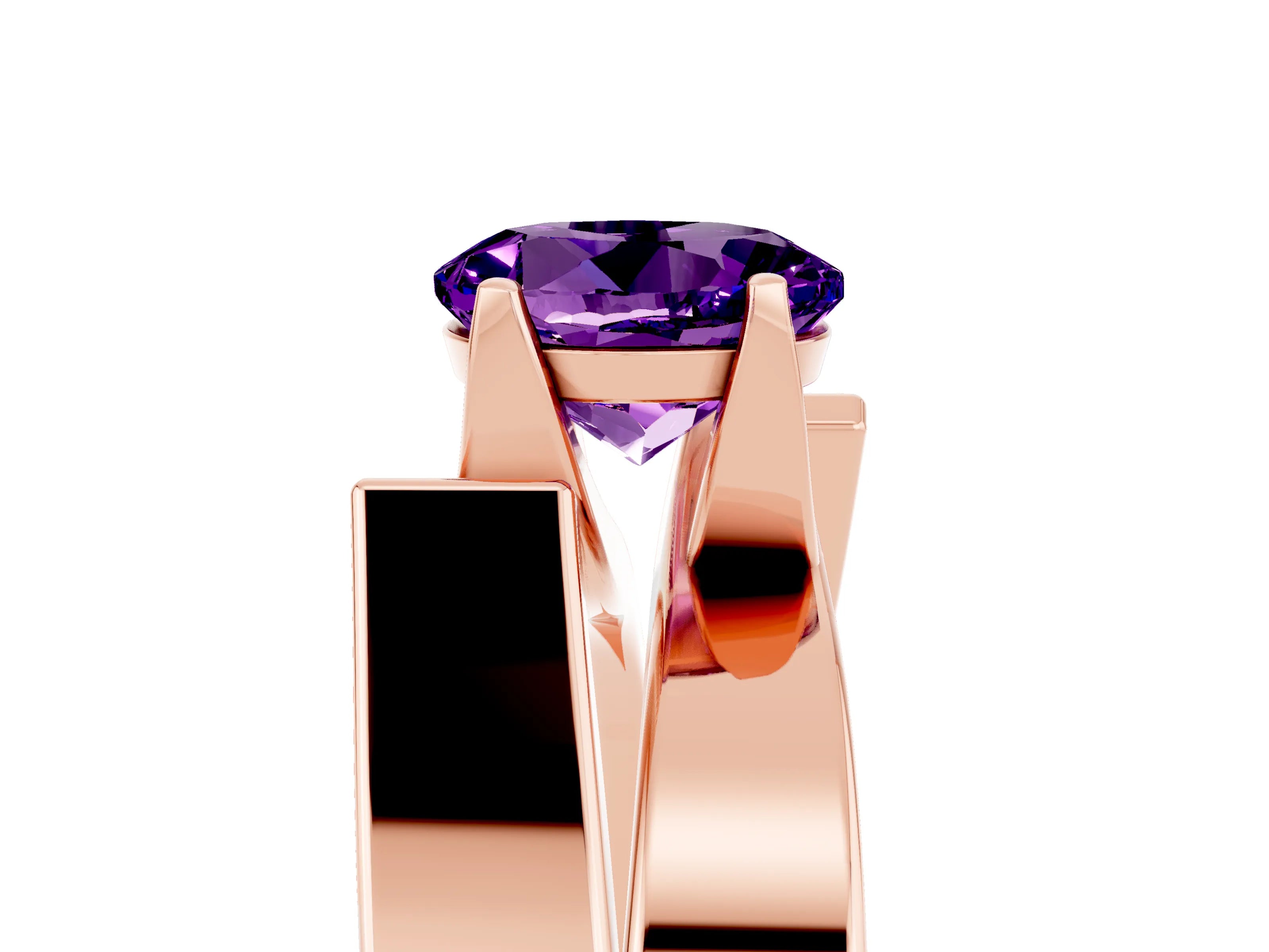 Rose gold Modern Tension Set Round Cut Amethyst Solitaire Wide Band Ring_5