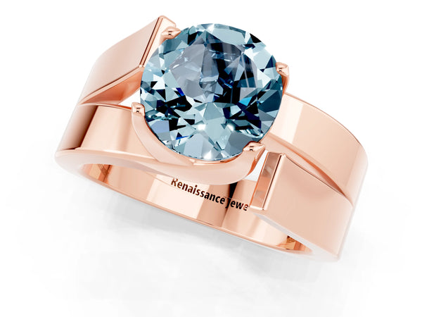 Rose gold Modern Tension Set Round Cut Aquamarine Solitaire Wide Band Ring