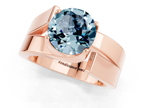 Rose gold Modern Tension Set Round Cut Aquamarine Solitaire Wide Band Ring_1
