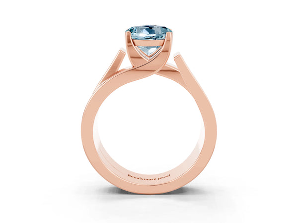 Rose gold Modern Tension Set Round Cut Aquamarine Solitaire Wide Band Ring