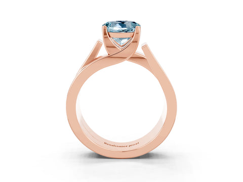 Rose gold Modern Tension Set Round Cut Aquamarine Solitaire Wide Band Ring_3