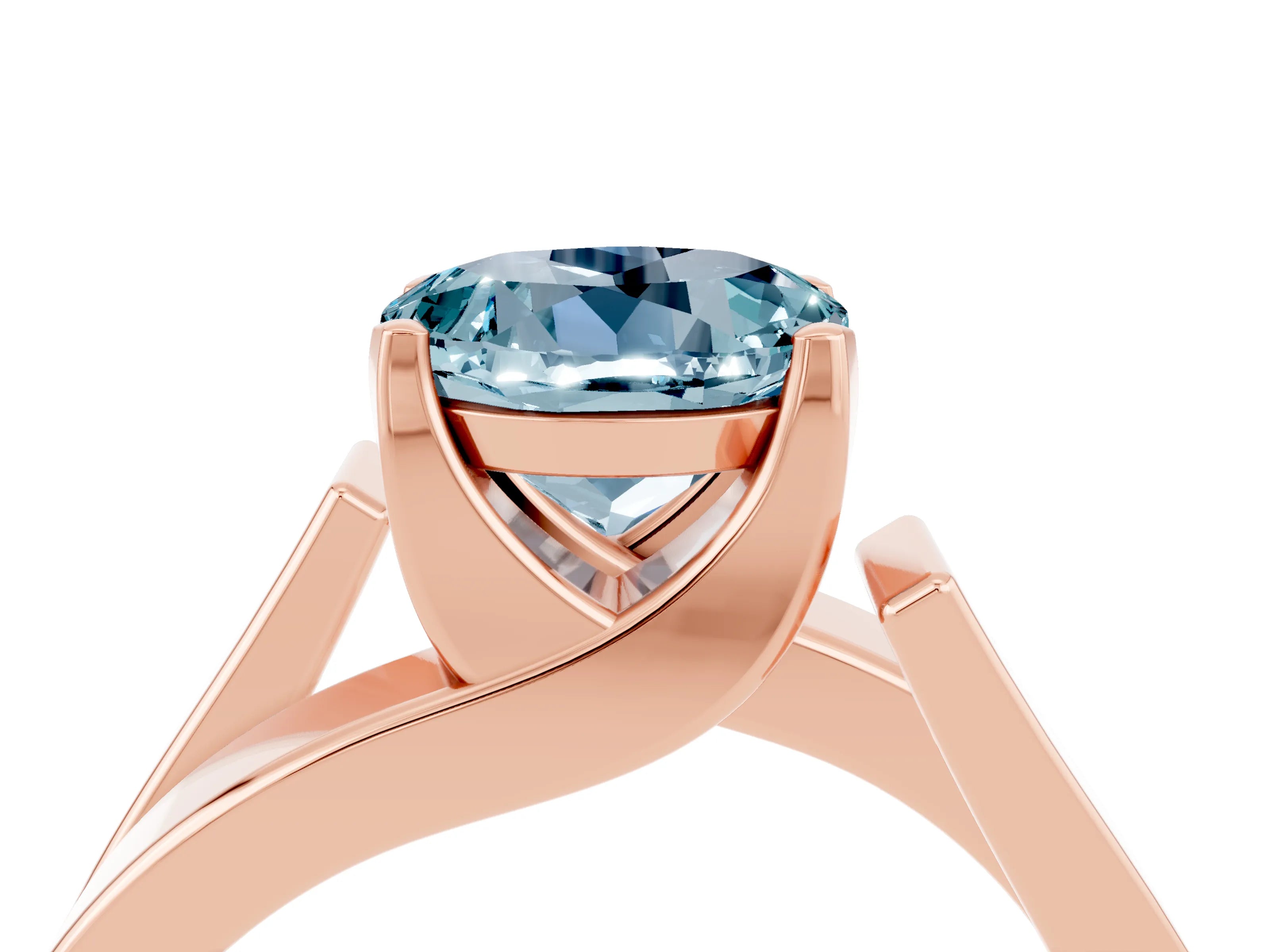 Rose gold Modern Tension Set Round Cut Aquamarine Solitaire Wide Band Ring_4