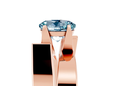 Rose gold Modern Tension Set Round Cut Aquamarine Solitaire Wide Band Ring_5