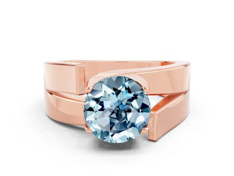 Rose gold Modern Tension Set Round Cut Aquamarine Solitaire Wide Band Ring