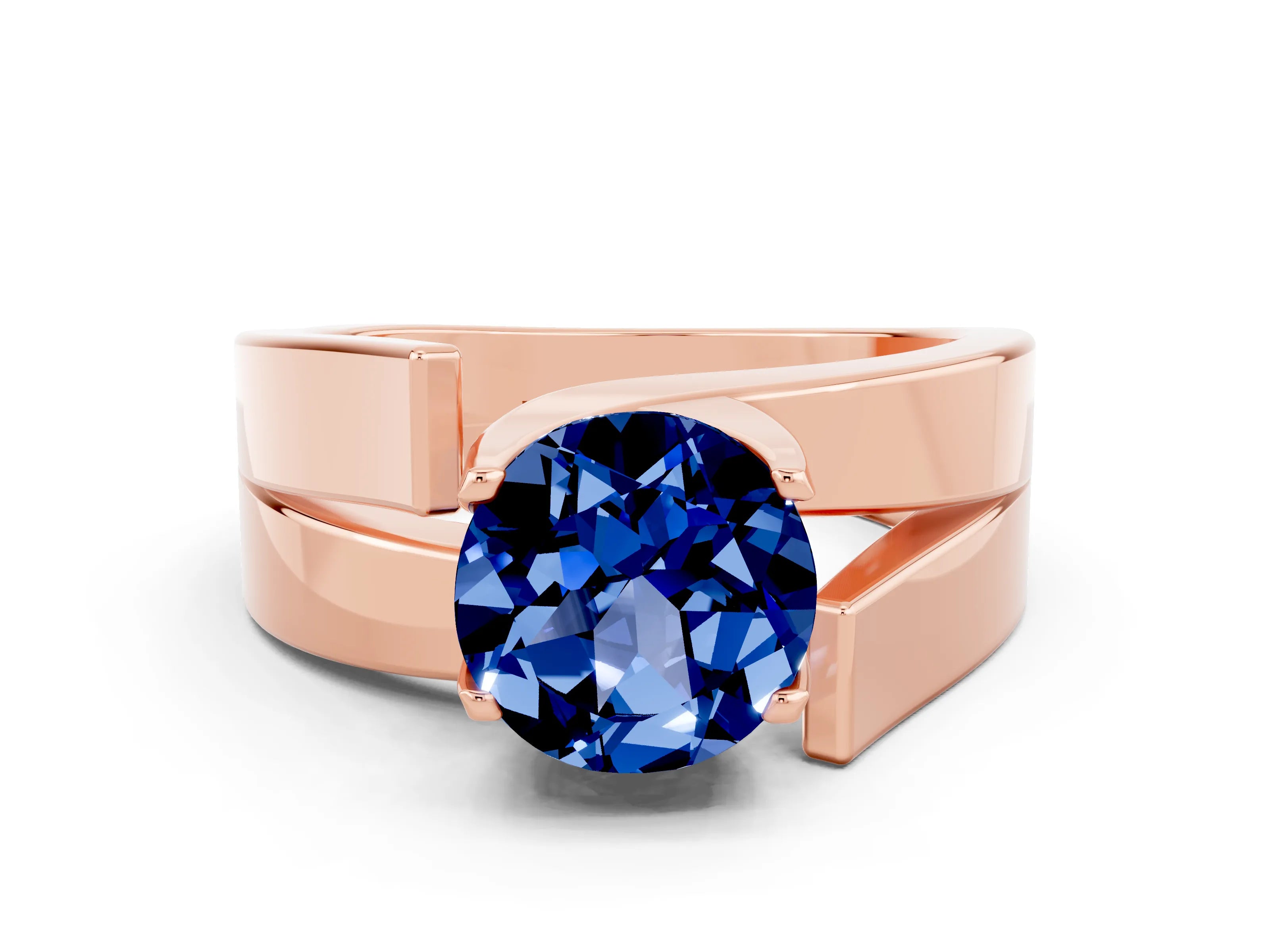 Rose gold Modern Tension Set Round Cut Blue Sapphire Solitaire Wide Band Ring