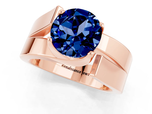 Rose gold Modern Tension Set Round Cut Blue Sapphire Solitaire Wide Band Ring