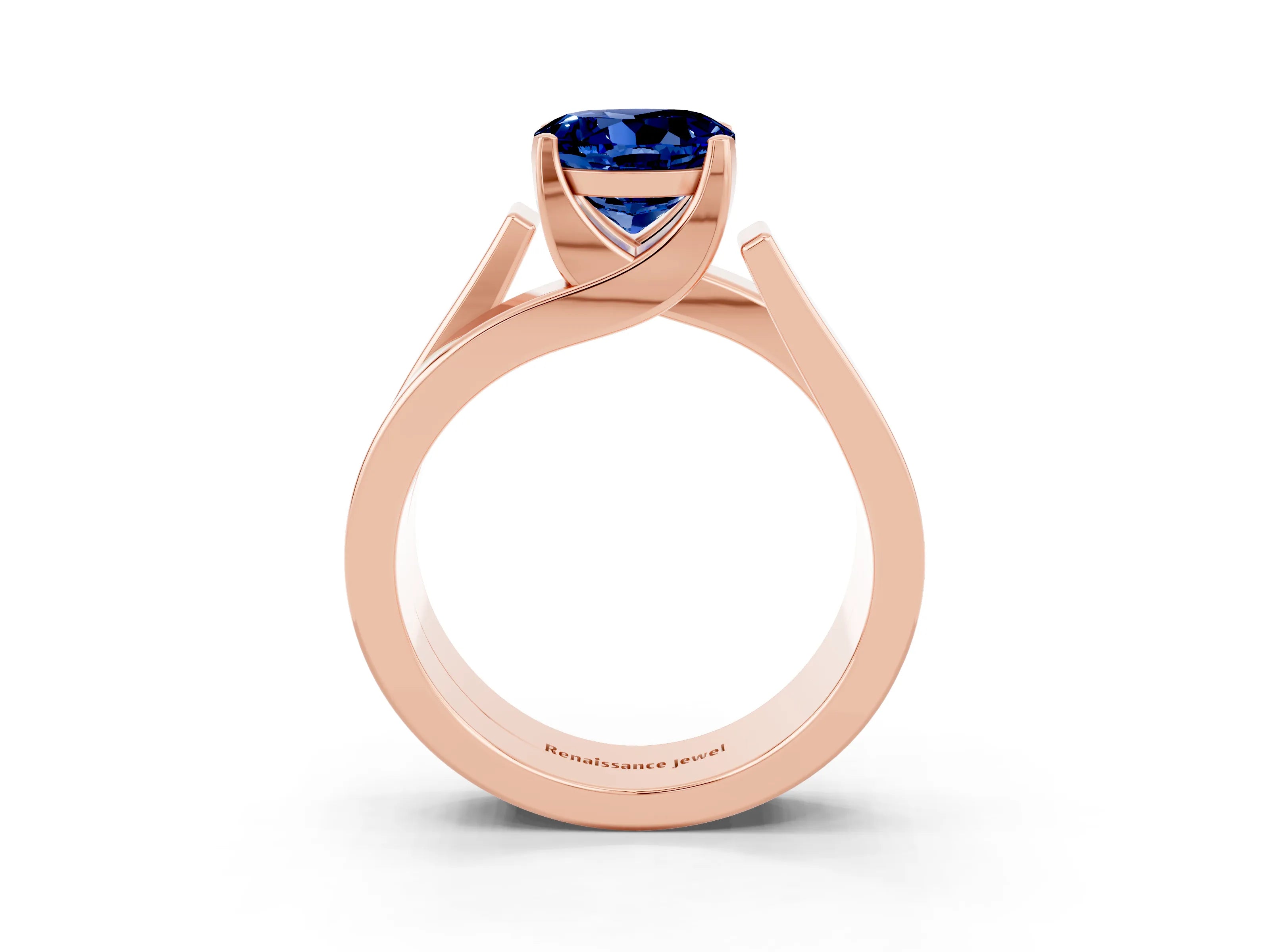 Rose gold Modern Tension Set Round Cut Blue Sapphire Solitaire Wide Band Ring_3