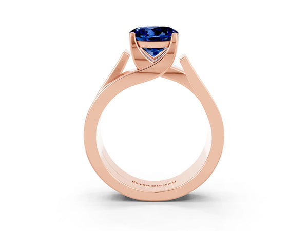 Rose gold Modern Tension Set Round Cut Blue Sapphire Solitaire Wide Band Ring