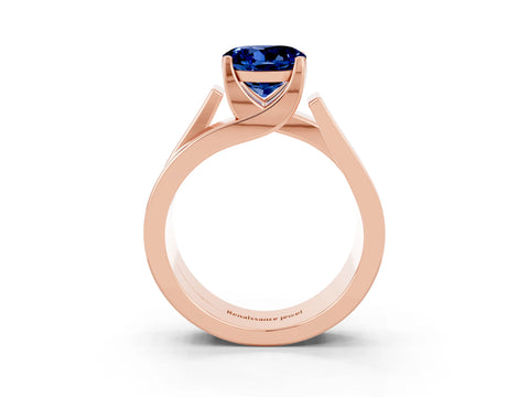 Rose gold Modern Tension Set Round Cut Blue Sapphire Solitaire Wide Band Ring_3