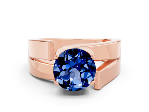 Rose gold Modern Tension Set Round Cut Blue Sapphire Solitaire Wide Band Ring