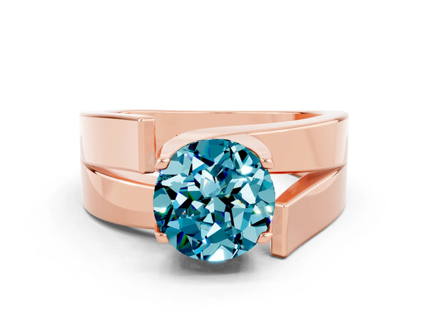 Rose gold Modern Tension Set Round Cut Blue Topaz Solitaire Wide Band Ring