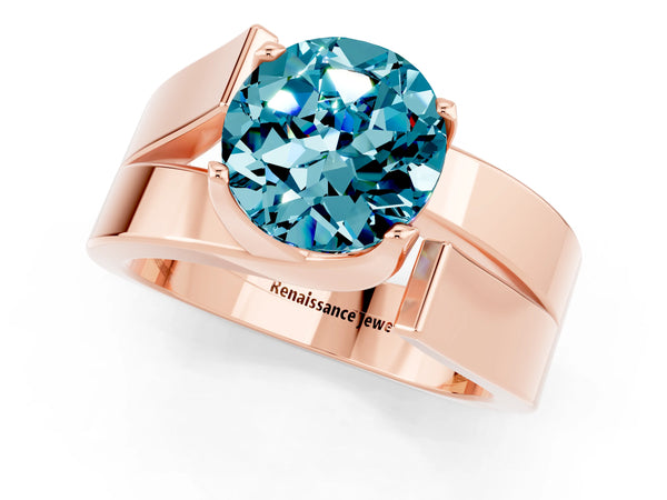 Rose gold Modern Tension Set Round Cut Blue Topaz Solitaire Wide Band Ring