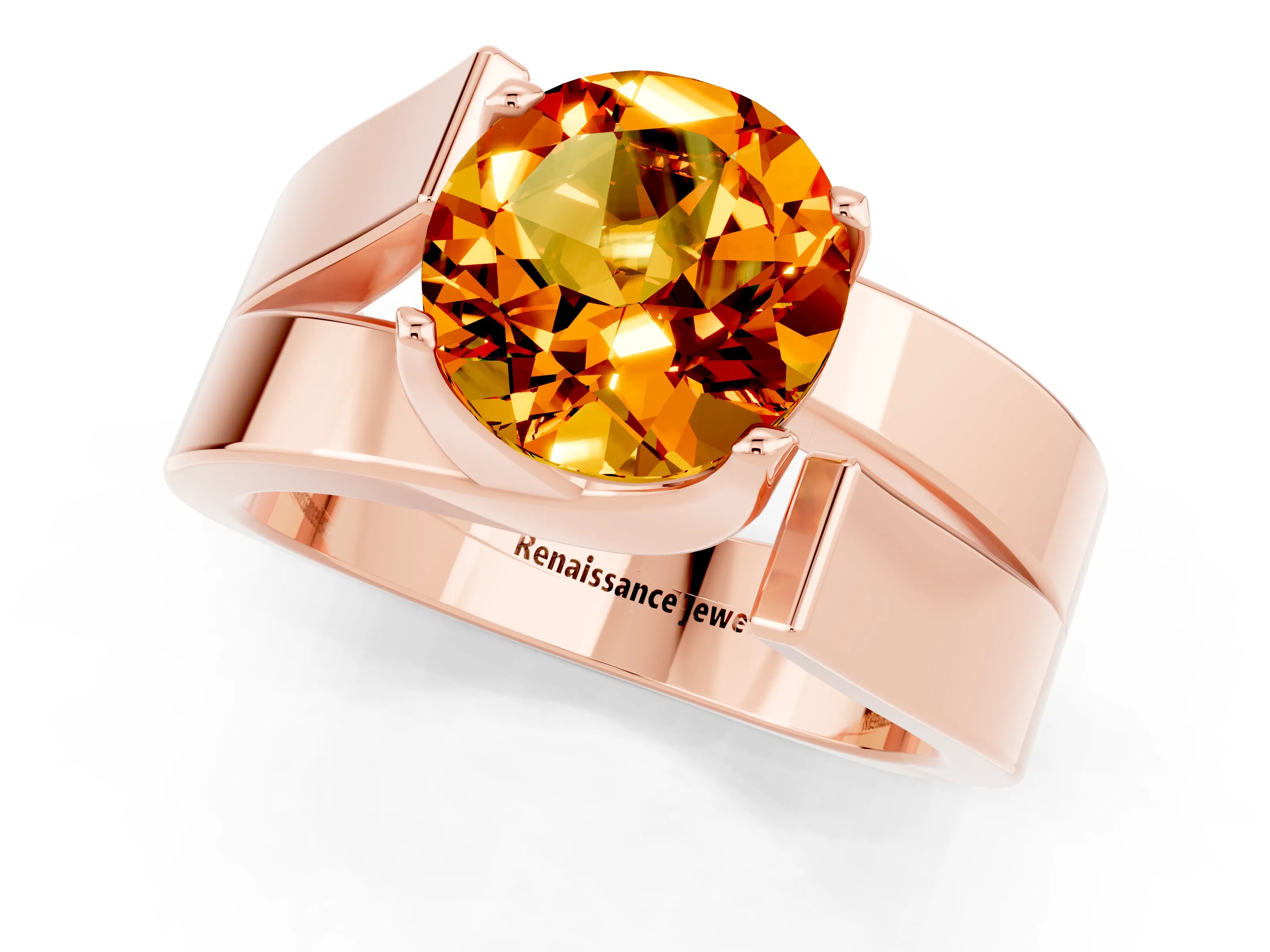 Rose gold Modern Tension Set Round Cut Citrine Solitaire Wide Band Ring_1