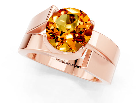 Rose gold Modern Tension Set Round Cut Citrine Solitaire Wide Band Ring_1