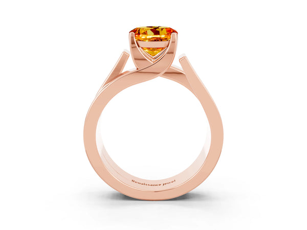 Rose gold Modern Tension Set Round Cut Citrine Solitaire Wide Band Ring