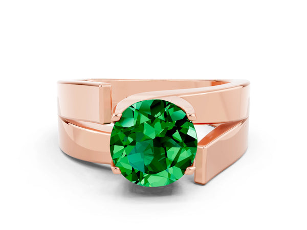 Rose gold Modern Tension Set Round Cut Emerald Solitaire Wide Band Ring
