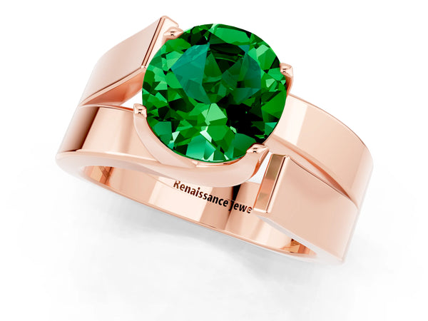 Rose gold Modern Tension Set Round Cut Emerald Solitaire Wide Band Ring