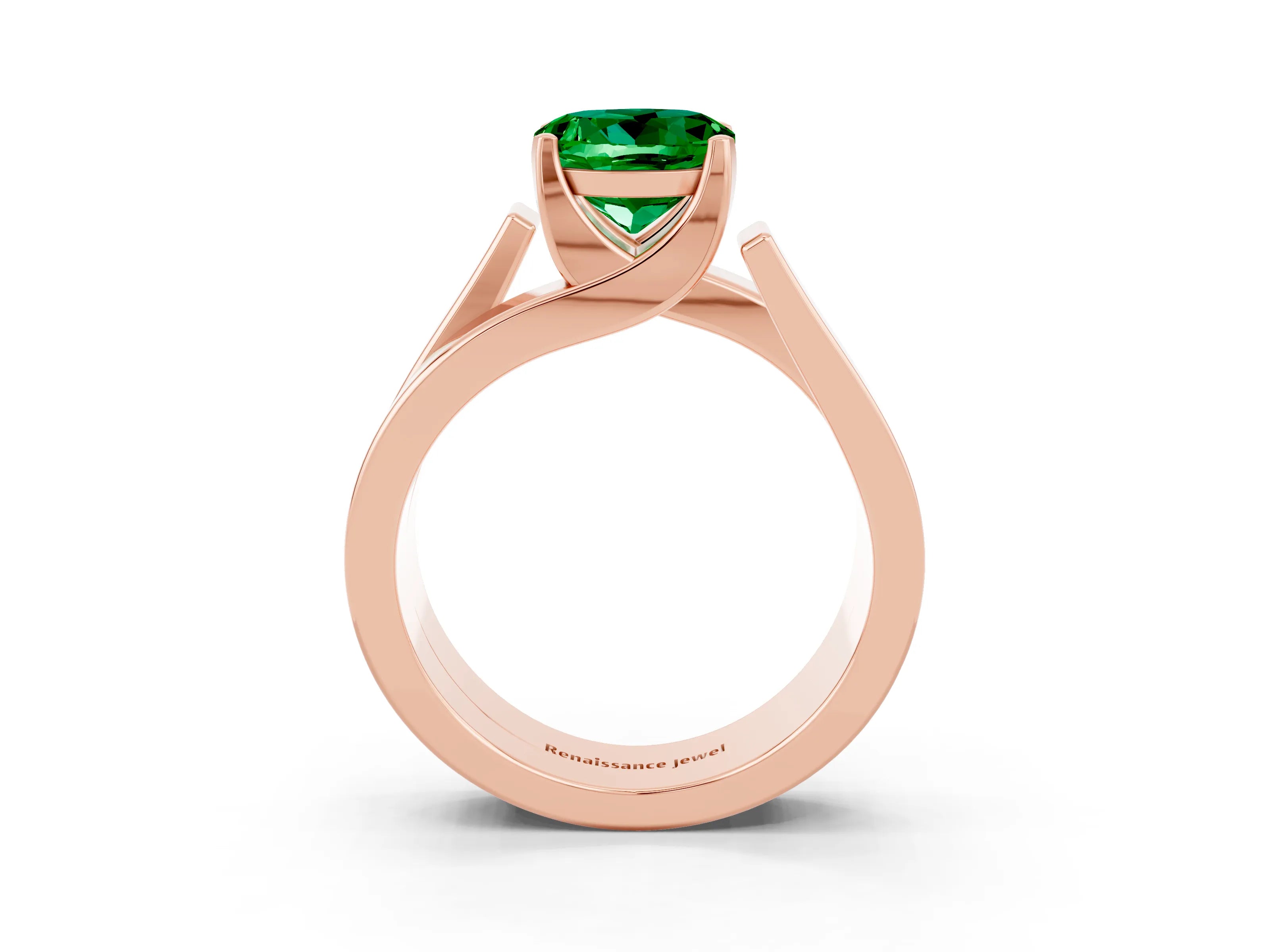 Rose gold Modern Tension Set Round Cut Emerald Solitaire Wide Band Ring_3