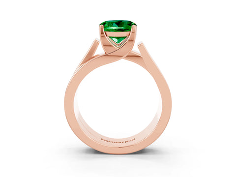 Rose gold Modern Tension Set Round Cut Emerald Solitaire Wide Band Ring_3