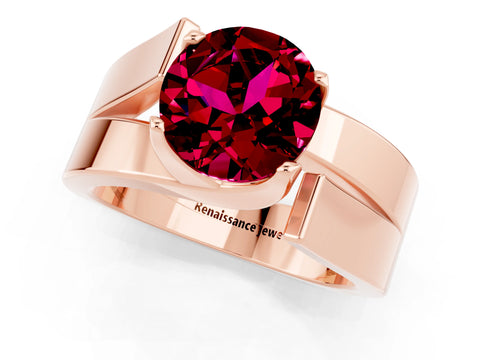 Rose gold Modern Tension Set Round Cut Garnet Solitaire Wide Band Ring_1