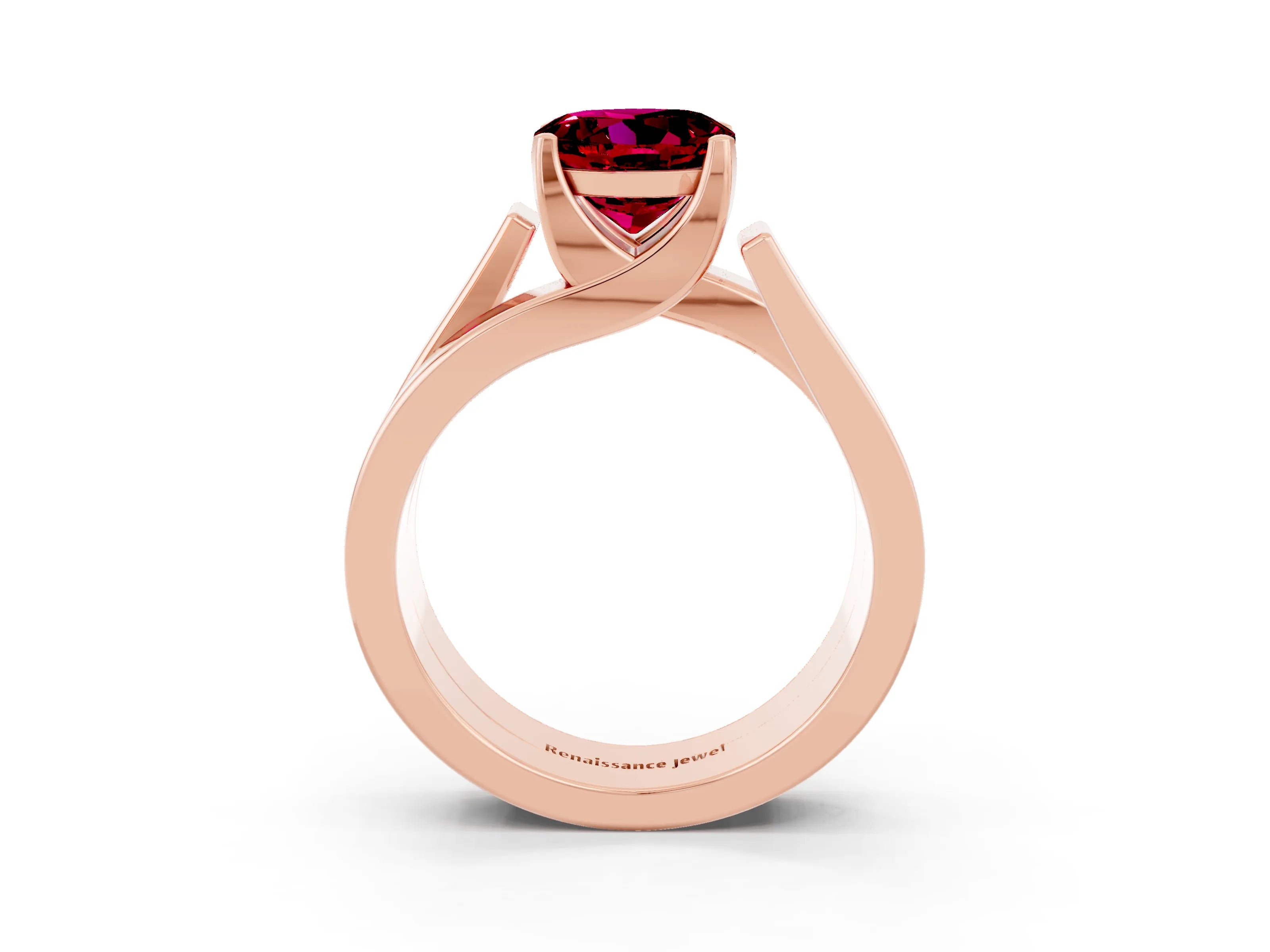 Rose gold Modern Tension Set Round Cut Garnet Solitaire Wide Band Ring_3
