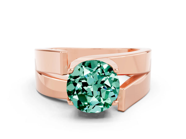 Rose gold Modern Tension Set Round Cut Green Sapphire Solitaire Wide Band Ring