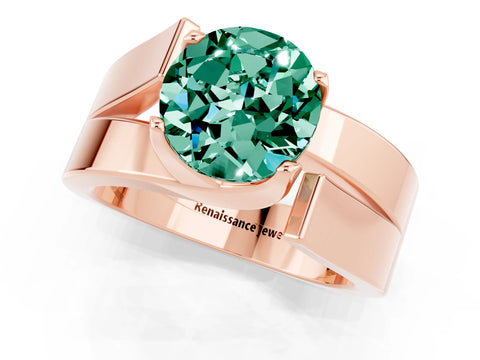 Rose gold Modern Tension Set Round Cut Green Sapphire Solitaire Wide Band Ring_1