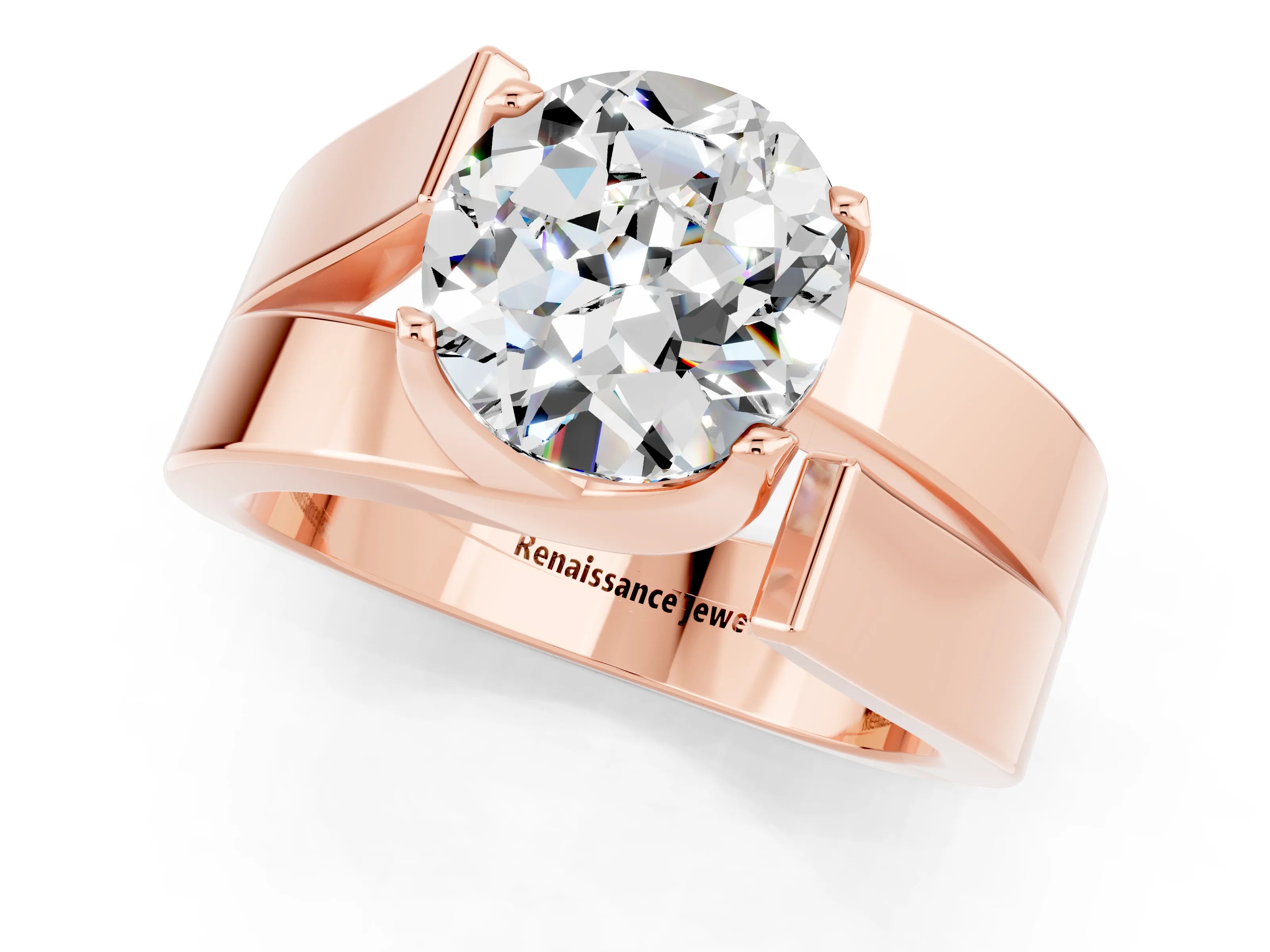 Rose gold Modern Tension Set Round Cut Moissanite Solitaire Wide Band Ring_1