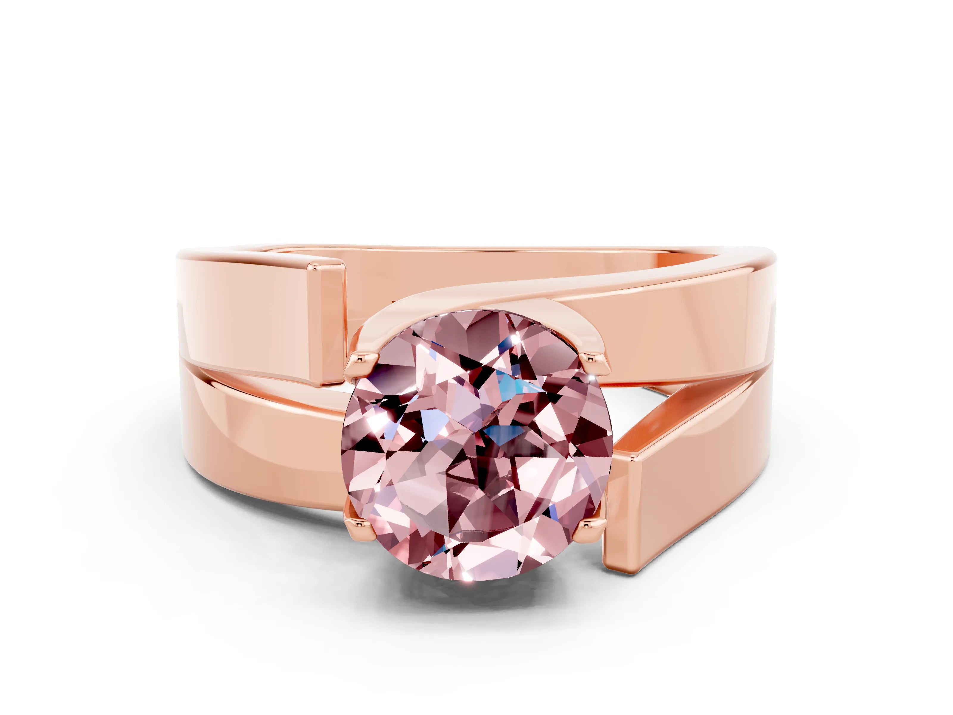 Rose gold Modern Tension Set Round Cut Morganite Solitaire Wide Band Ring